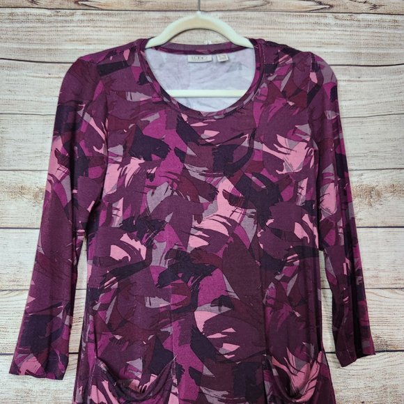 LOGO Lori Goldstein Women's Size XXS Purple Abstract  Tunic Top Chiffon Hemmed - Picture 2 of 14